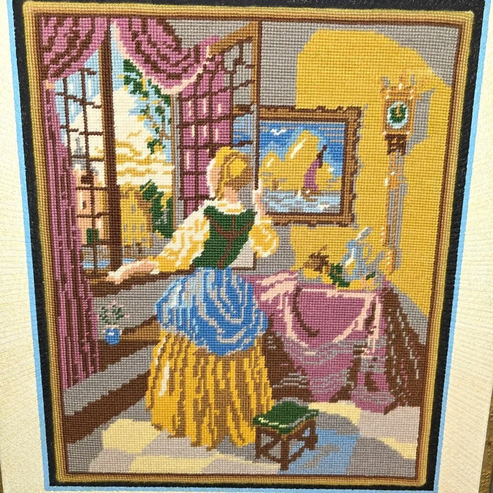 Vintage Framed Needlepoint Of Woman/Girl Looking out Window Large 23x20 Inches - Picture 2 of 11
